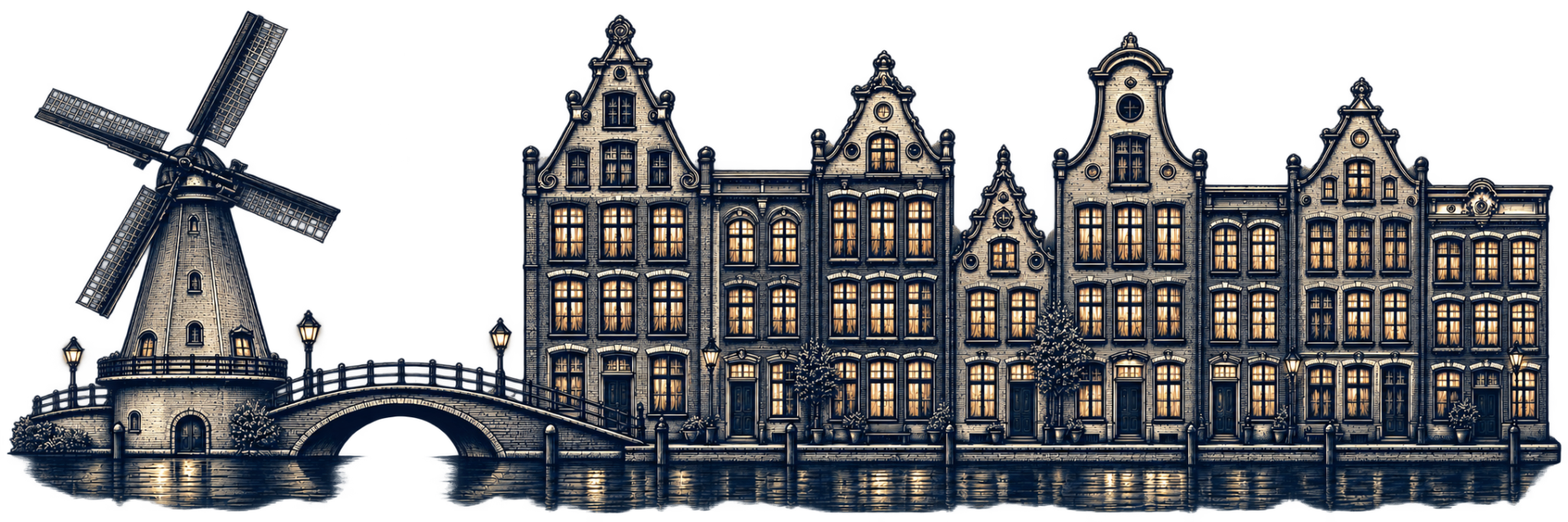 Dutch canal houses and windmill